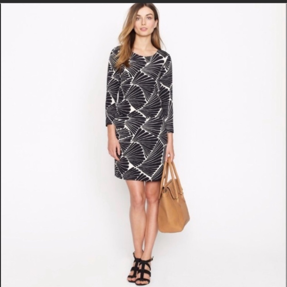 J Crew Jules Shift Dress with Pockets in Black/White Rayon Fanfare Print Size 8